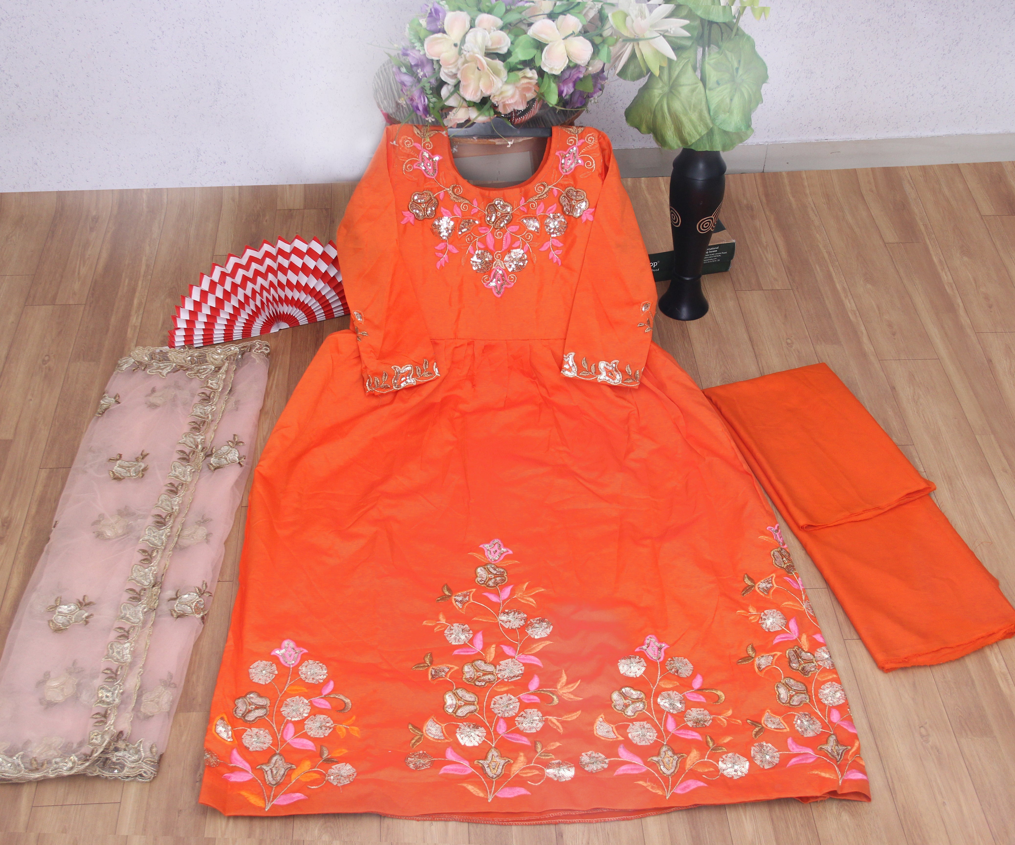 Orange Gown In Two-Tone Taffeta Silk With Fancy Thread Work