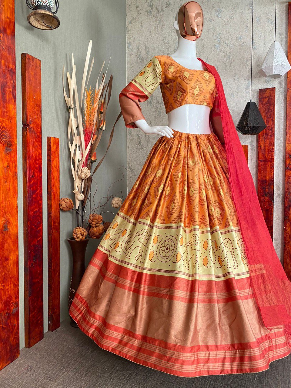 Orange Lehenga Choli In Zari Satin With Digital Print