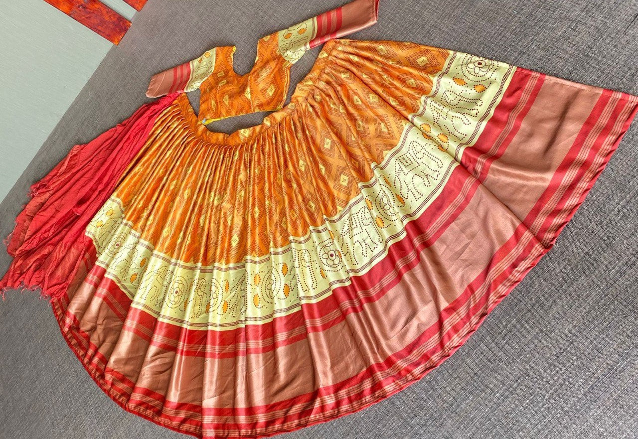 Orange Lehenga Choli In Zari Satin With Digital Print