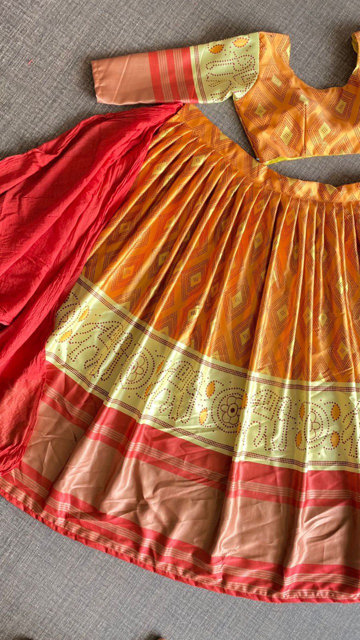 Orange Lehenga Choli In Zari Satin With Digital Print