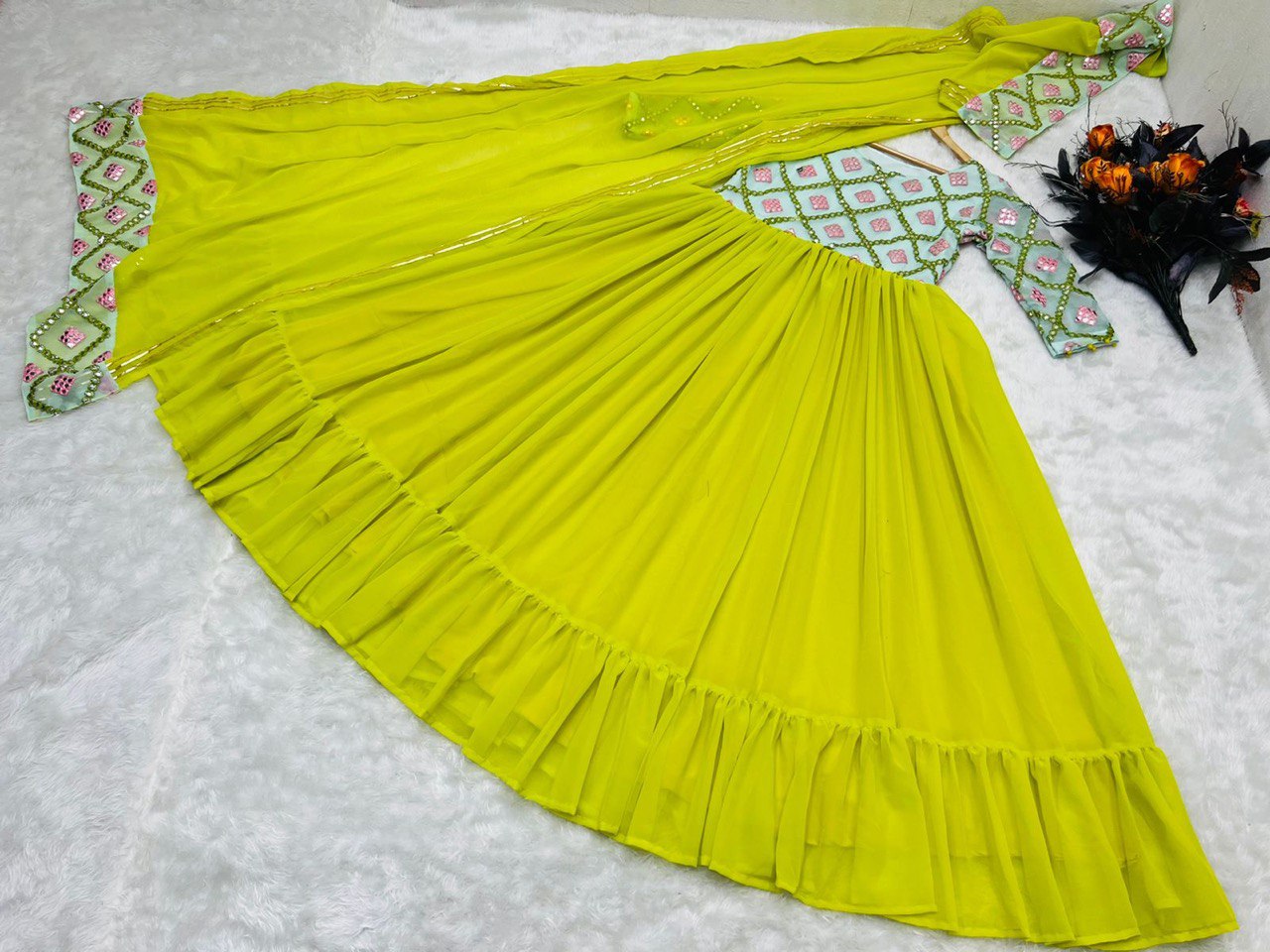 Parrot Green Anarkali Suit In Fox Georgette With Embroidery Work