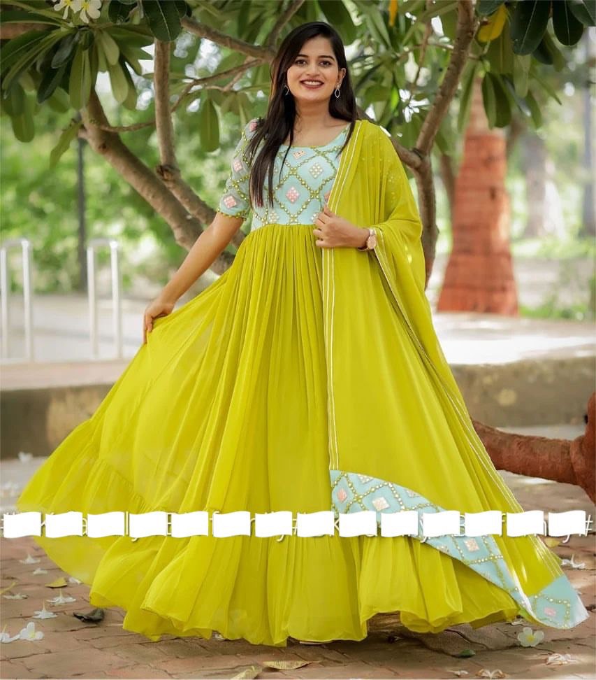 Cotton Anarkali Fit Green Silk Gown with Dupatta For Women and Girls