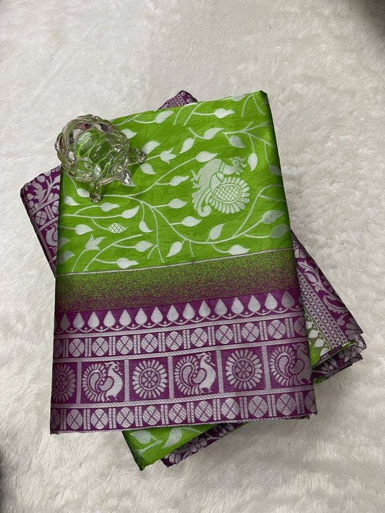 Parrot Green Lichi Silk Banarasi Saree With Blouse