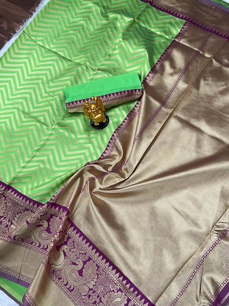 Parrot Green Lichi Silk Banarasi Saree With Blouse