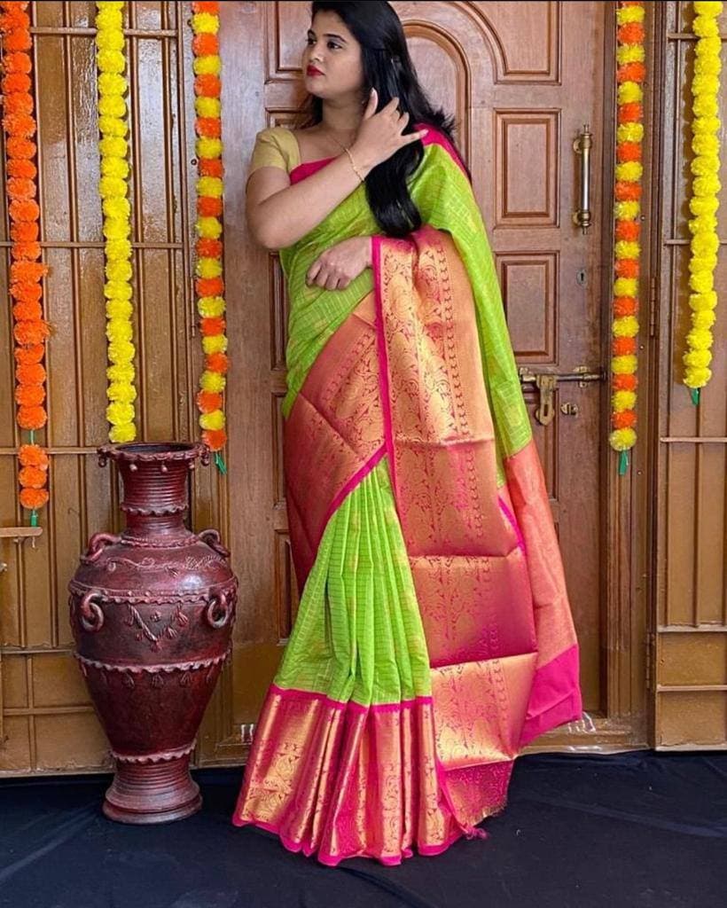 Parrot Green and Black Block Printed Supernet Kota Saree with Mirror Work-  Desically Ethnic