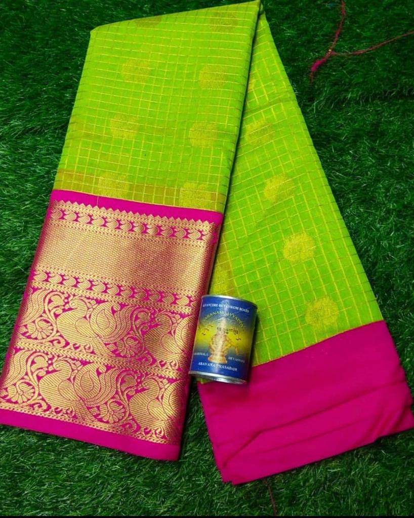 Parrot Green Lichi Silk Banarasi Saree With Blouse