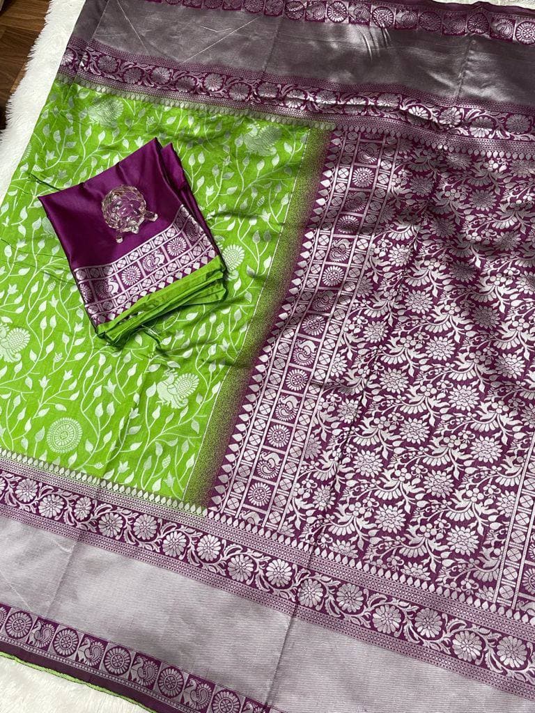 Parrot Green Lichi Silk Banarasi Saree With Blouse