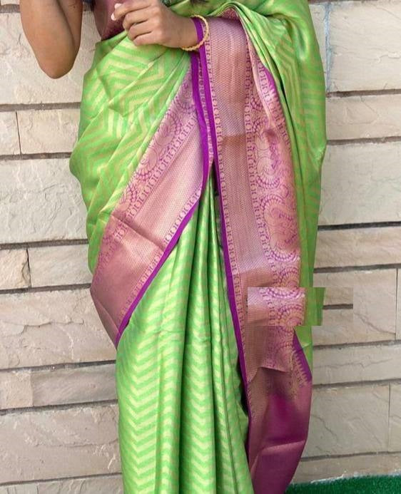 Parrot Green Lichi Silk Banarasi Saree With Blouse