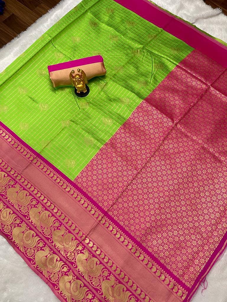 Parrot Green Lichi Silk Banarasi Saree With Blouse