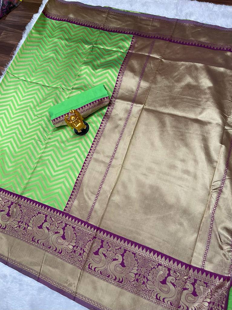 Parrot Green Lichi Silk Banarasi Saree With Blouse