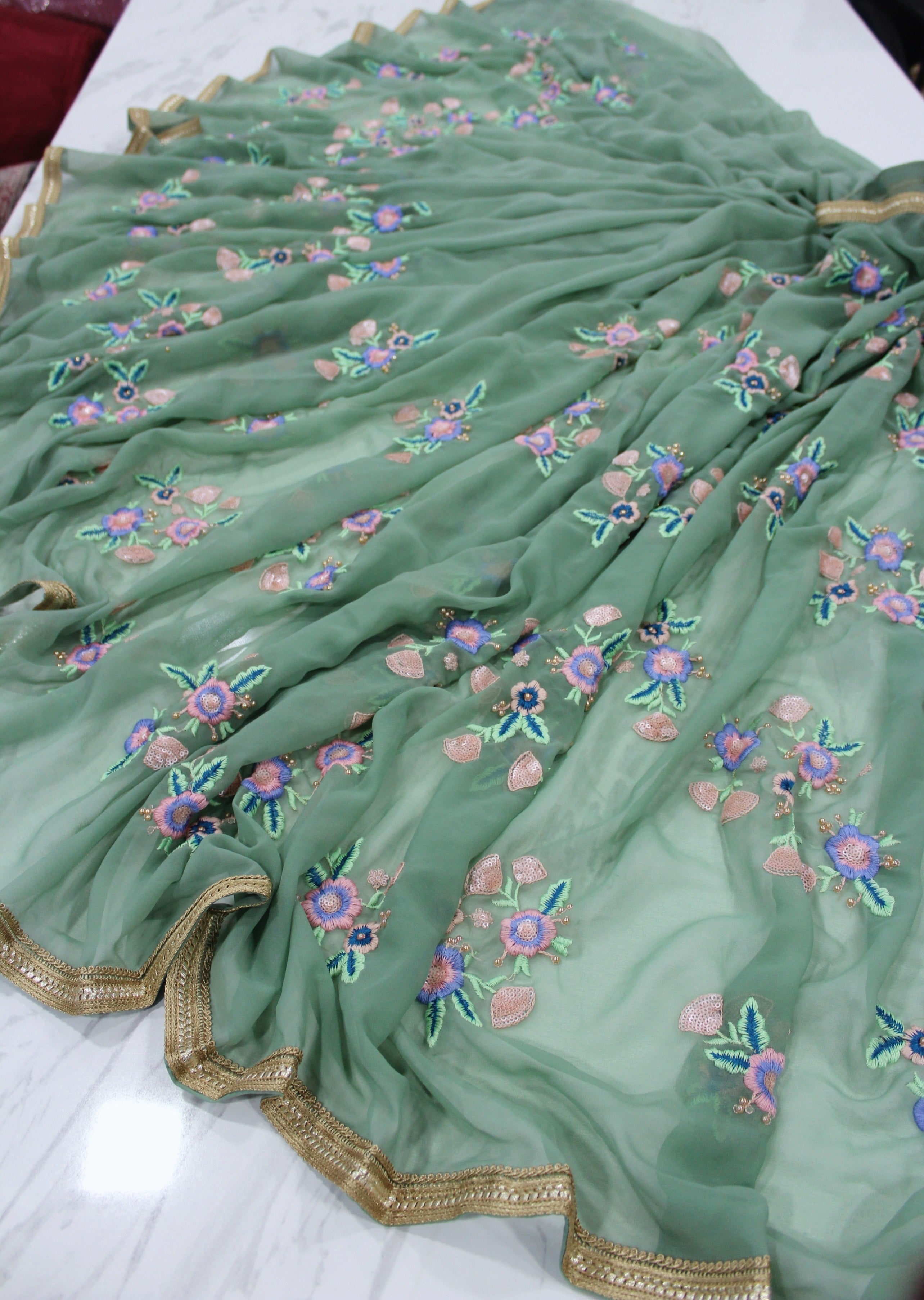 Pastel Green Saree In Georgette With Embroidery Work