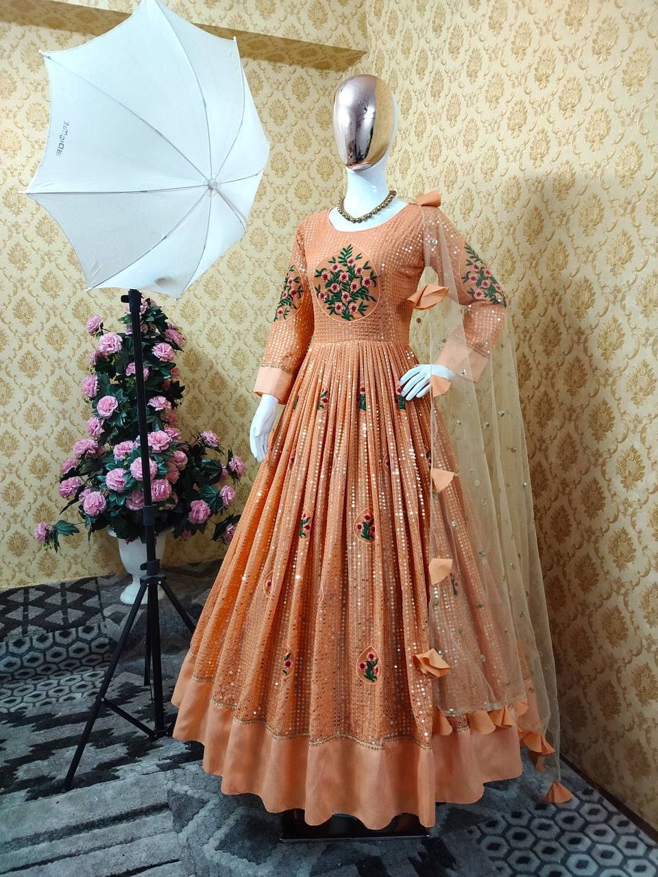 Peach Gown In Fox Georgette With Sequence Embroidery Work