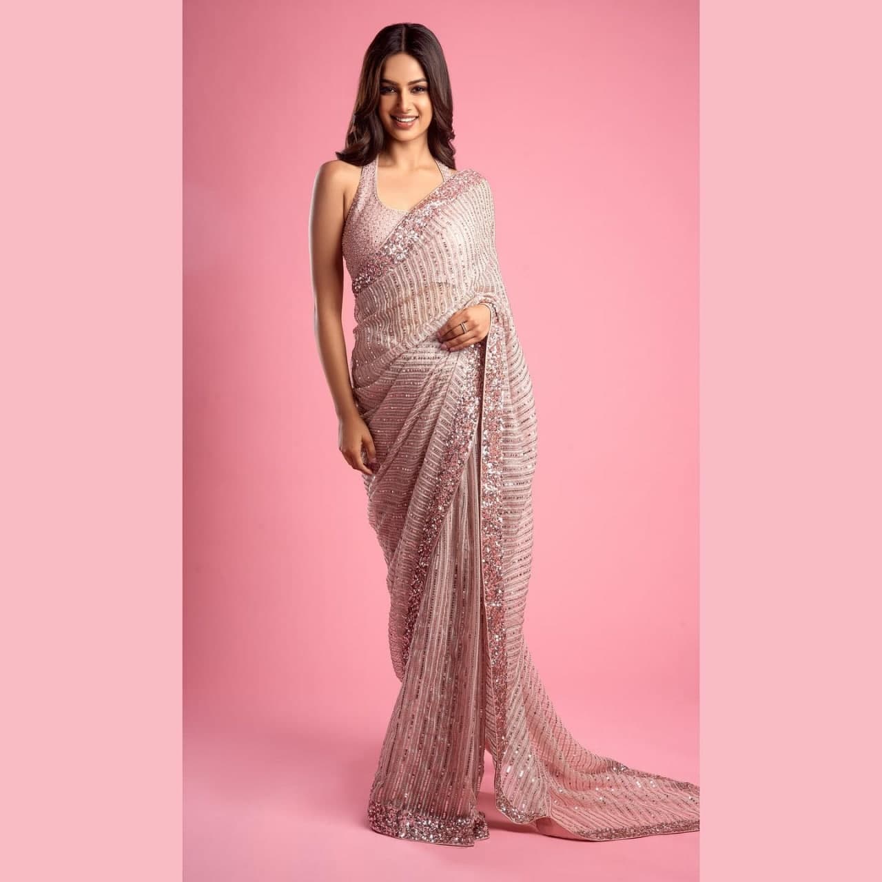 Peach 60 GM Georgette 3 MM,5 MM Sequence Work Saree