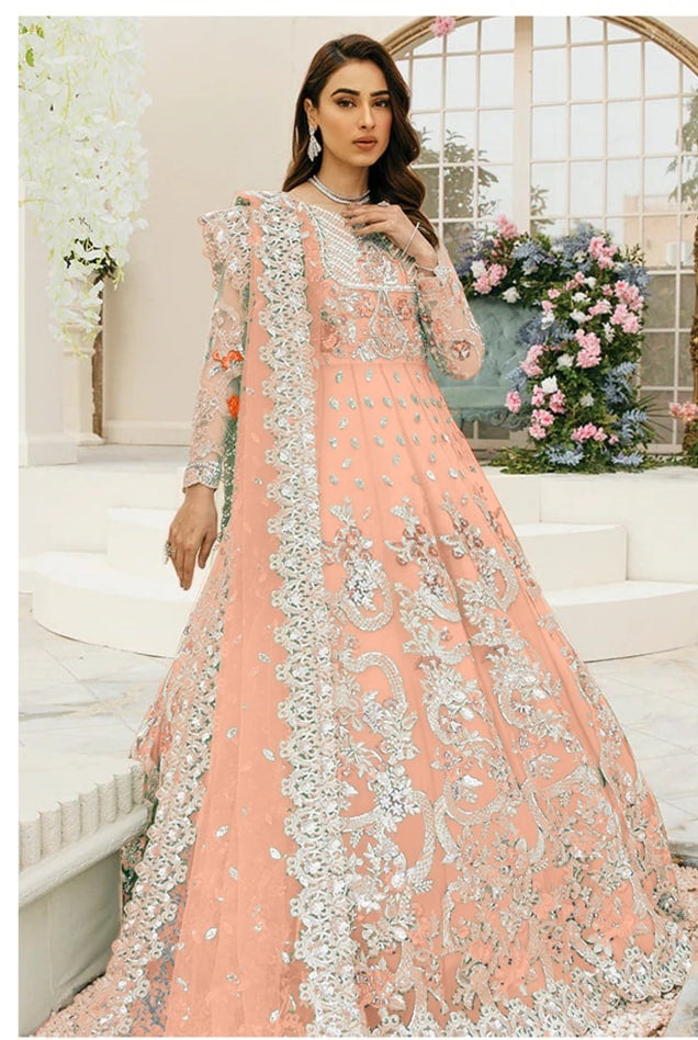 Peach Anarkali Suit In Butterfly Mono Net With Embroidery Work