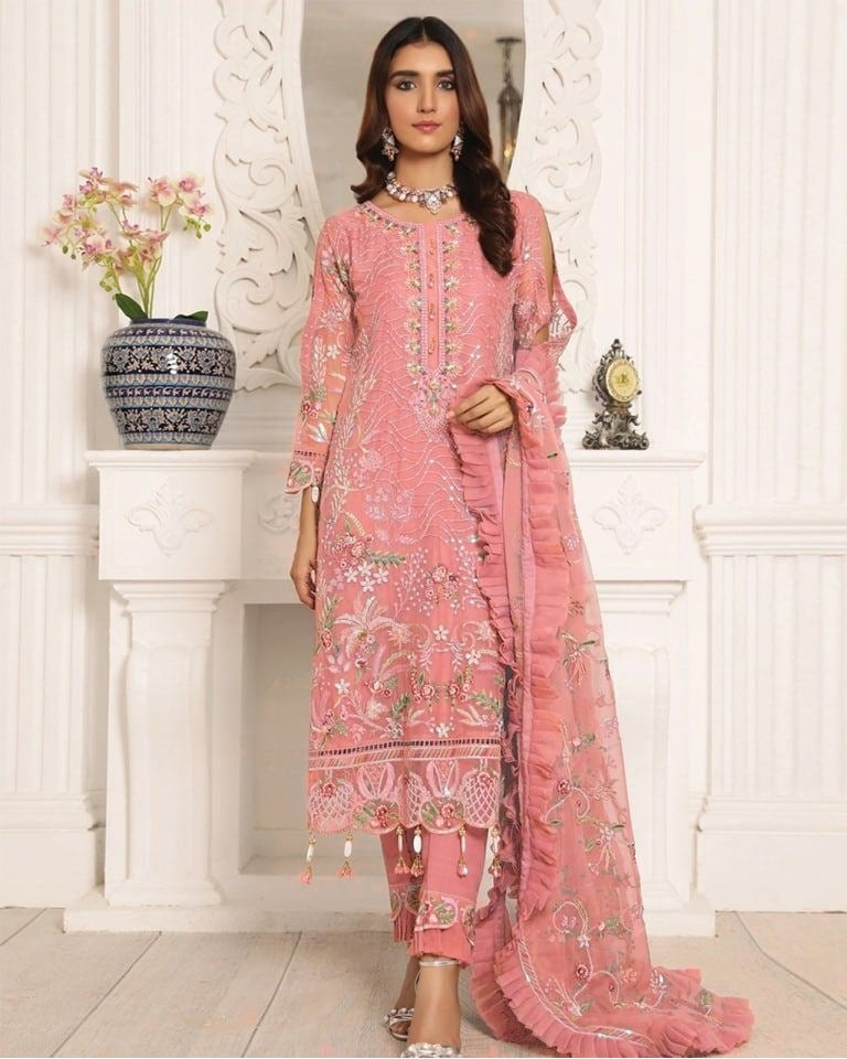 Peach Salwar Suit In Butterfly Mono Net With Embroidery Work