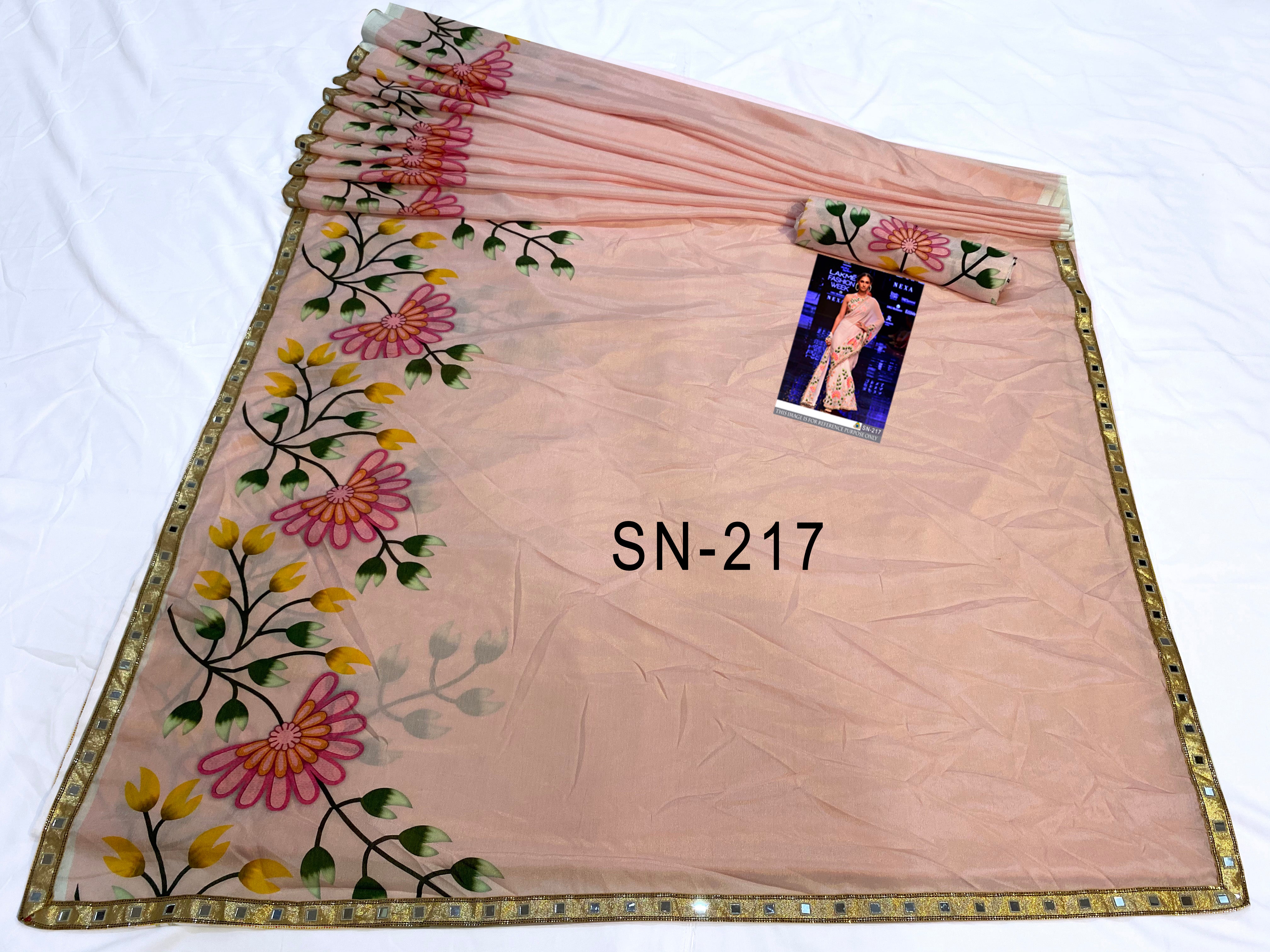 Peach Saree In Chinon Silk With Digital Print