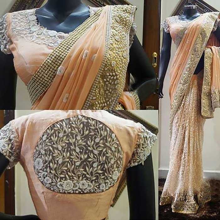 Peach Cream Saree In Georgette With Fancy Thread Work