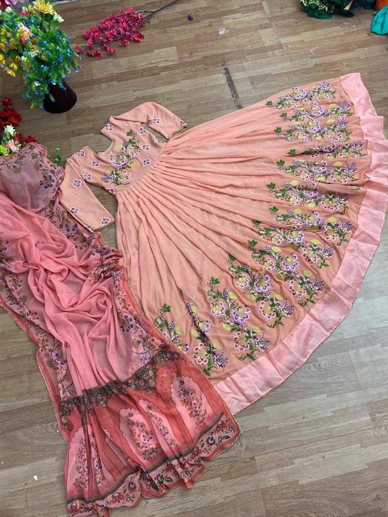 Peach Anarkali Suit In Fox Georgette With Embroidery Work