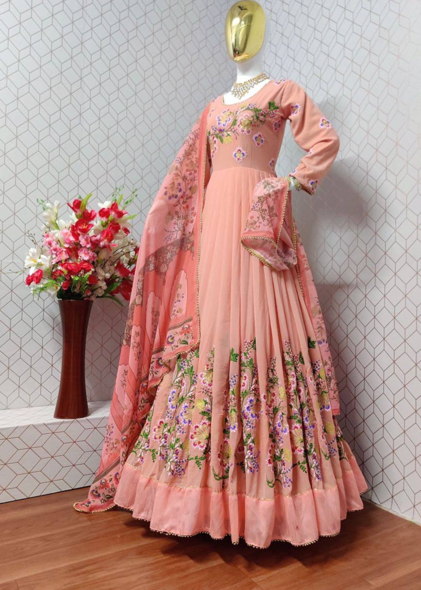 Peach Anarkali Suit In Fox Georgette With Embroidery Work