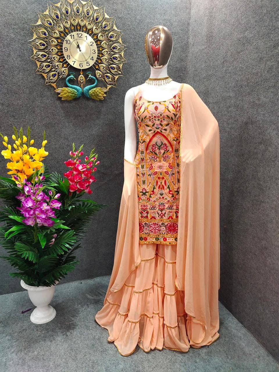 Peach Sharara Suit In Fox Georgette With Embroidery Work