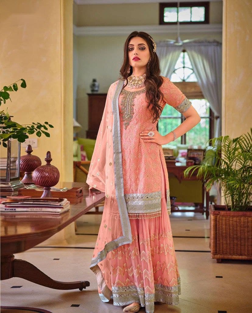 Peach Sharara Suit In Fox Georgette With Embroidery Work