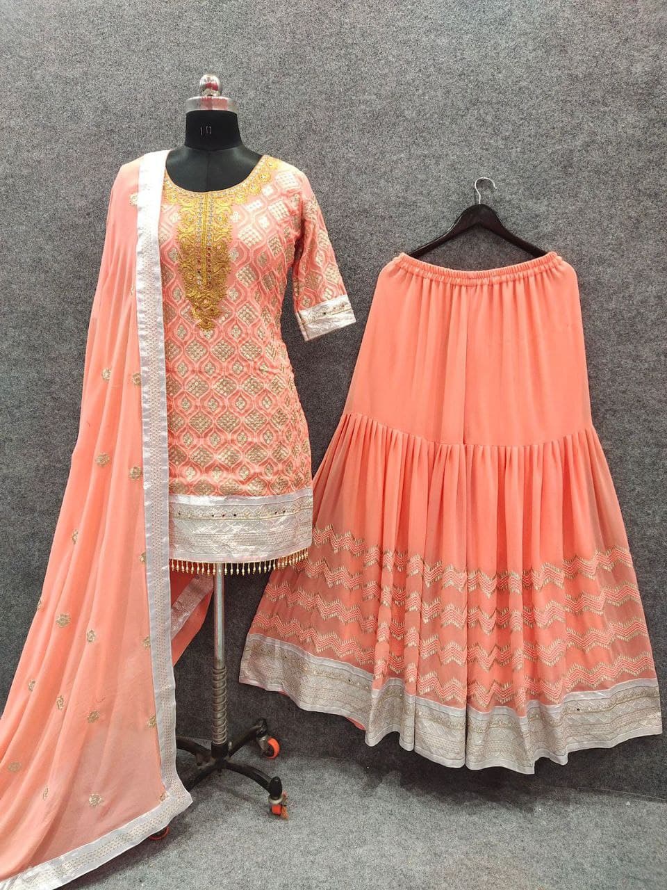 Peach Sharara Suit In Fox Georgette With Embroidery Work