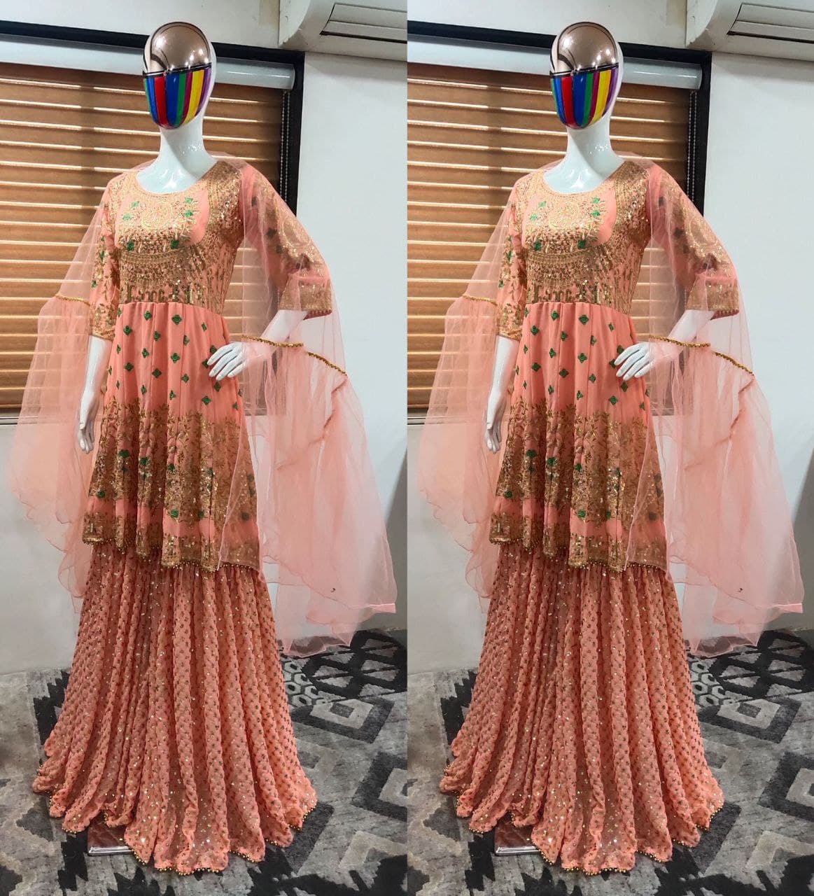 Peach Sharara Suit In Fox Georgette With Embroidery Work