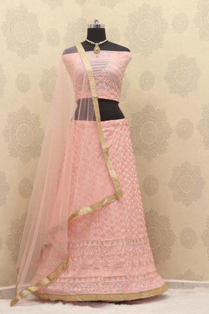 Peach Lehenga Choli In Georgette Silk With Embroidery Work