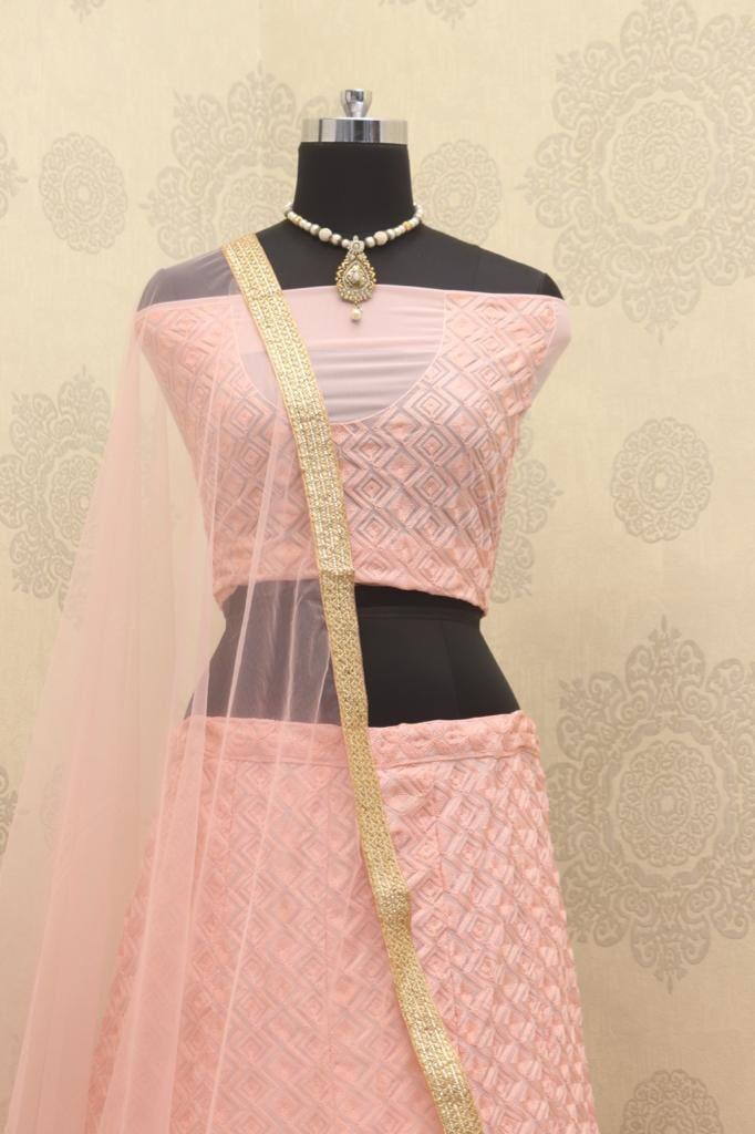 Peach Lehenga Choli In Georgette Silk With Embroidery Work