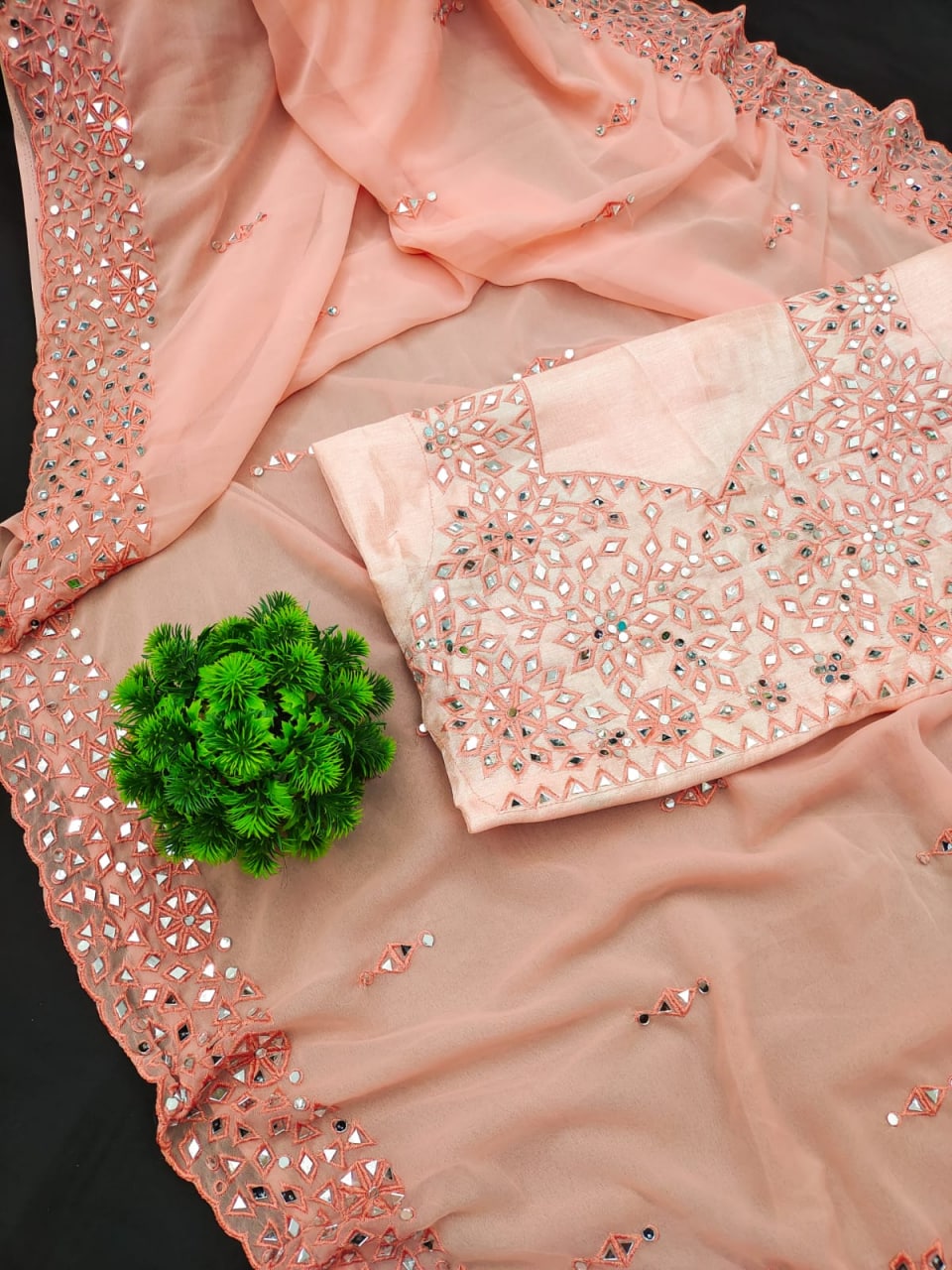 Peach Saree In Georgette Silk With Embroidery Work