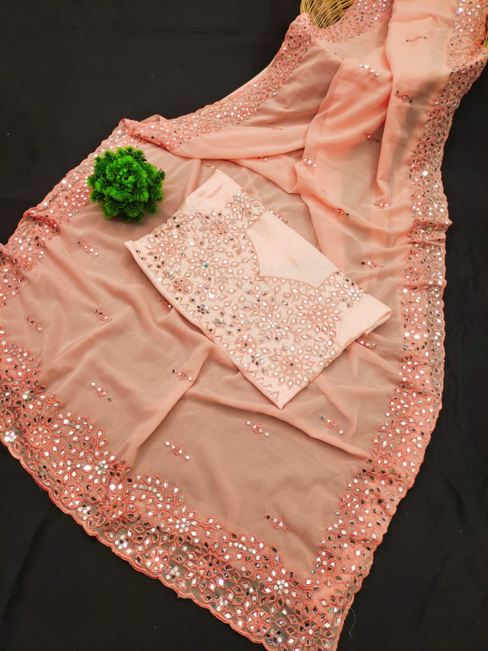 Peach Saree In Georgette Silk With Embroidery Work