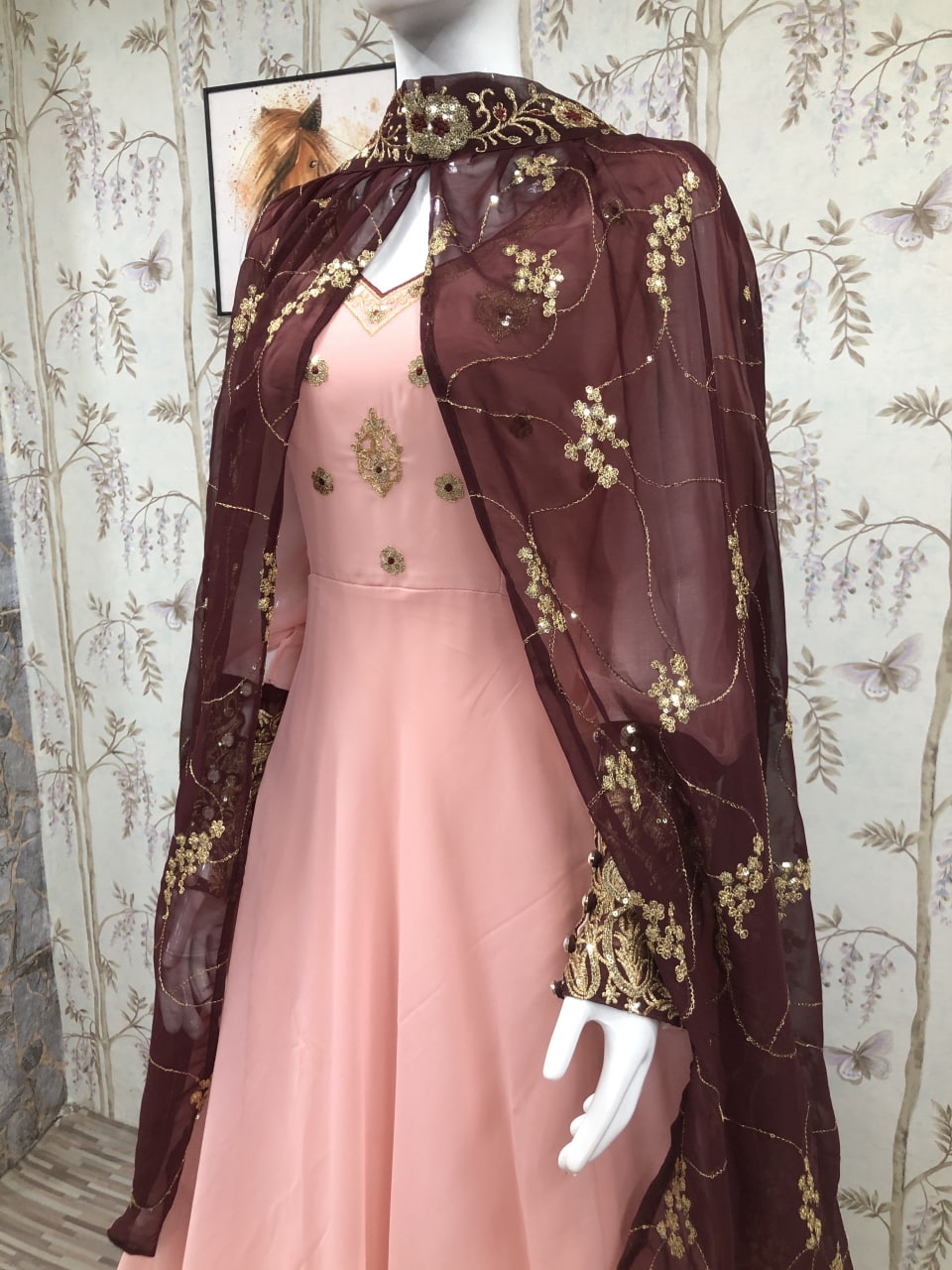 Peach Georgette Silk Heavy Embroidery Work Gown