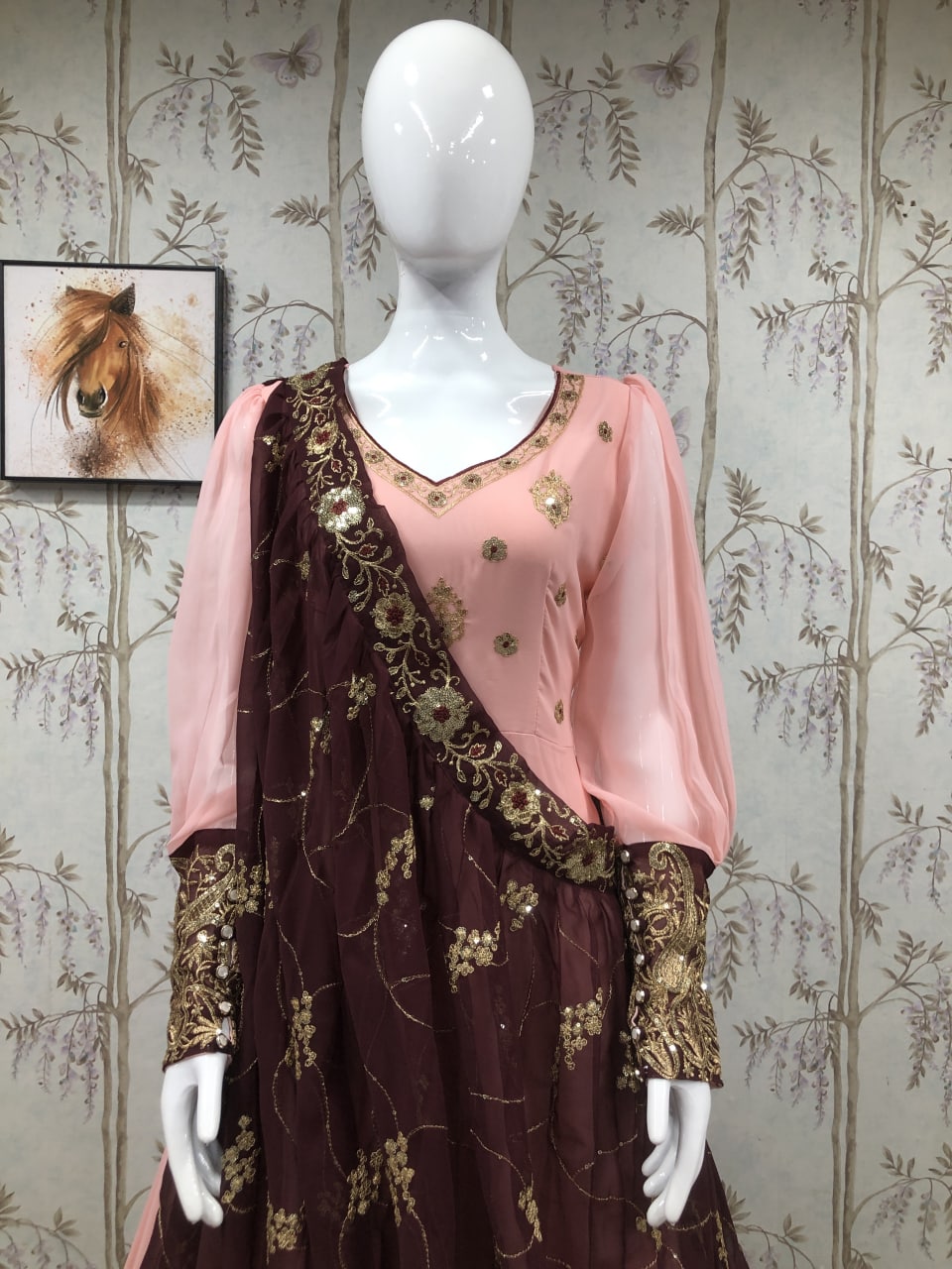 Peach Georgette Silk Heavy Embroidery Work Gown