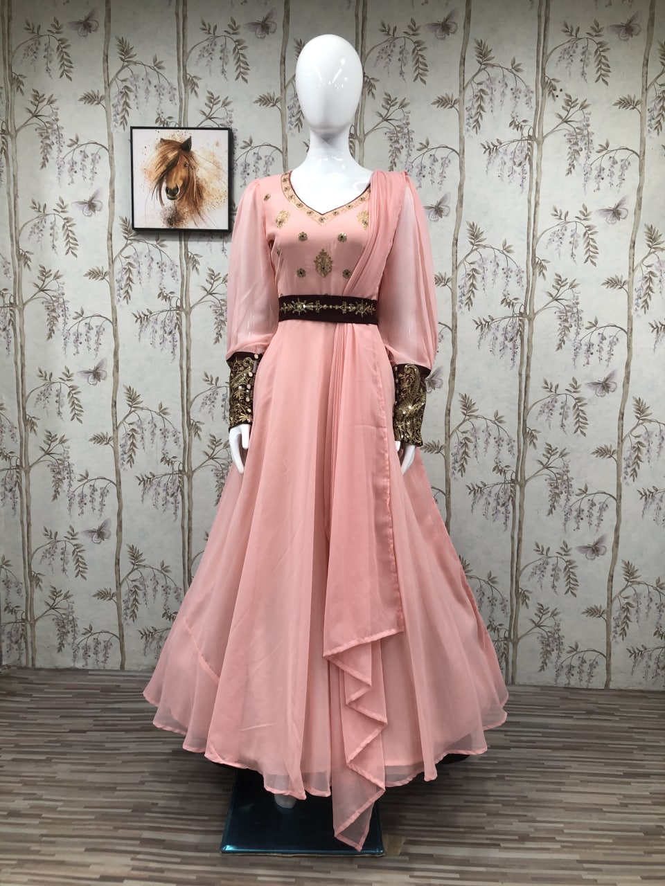 Peach Georgette Silk Heavy Embroidery Work Gown