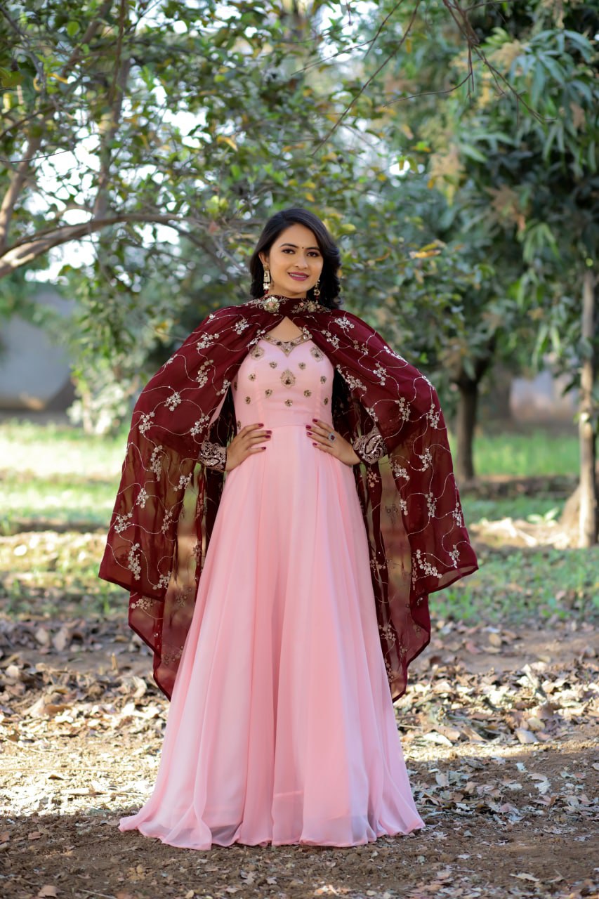 Peach Georgette Silk Heavy Embroidery Work Gown