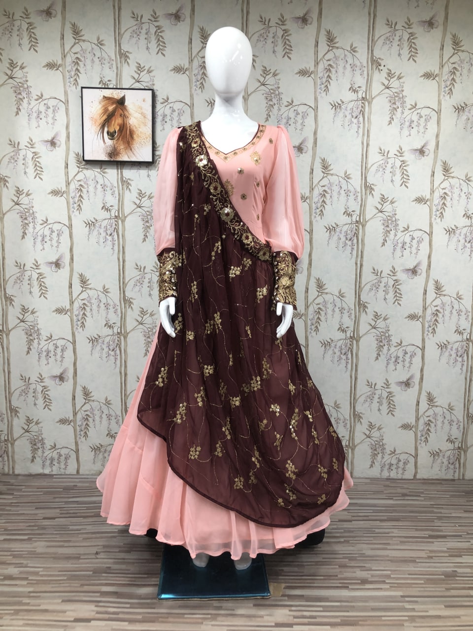 Peach Georgette Silk Heavy Embroidery Work Gown