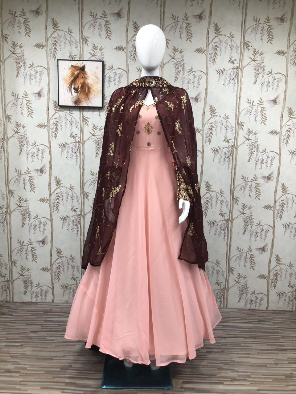 Peach Georgette Silk Heavy Embroidery Work Gown