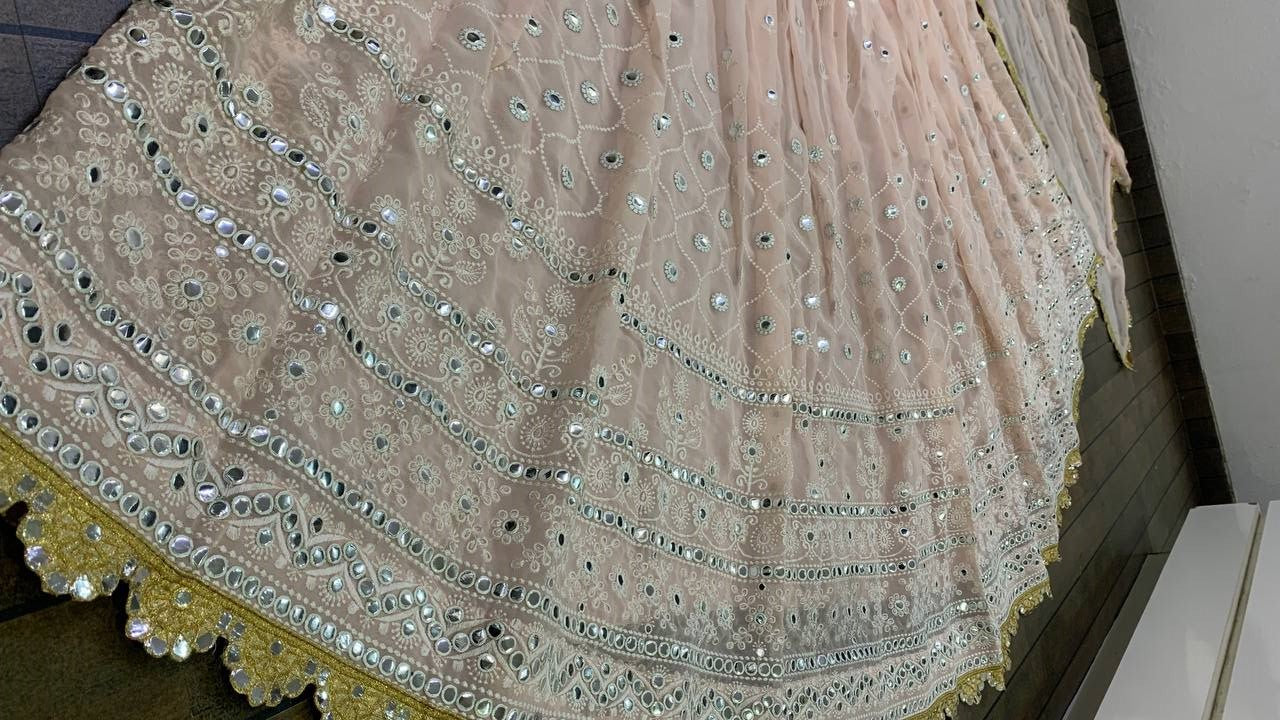 Peach Lehenga Choli In Georgette Silk With Thread Paper Work