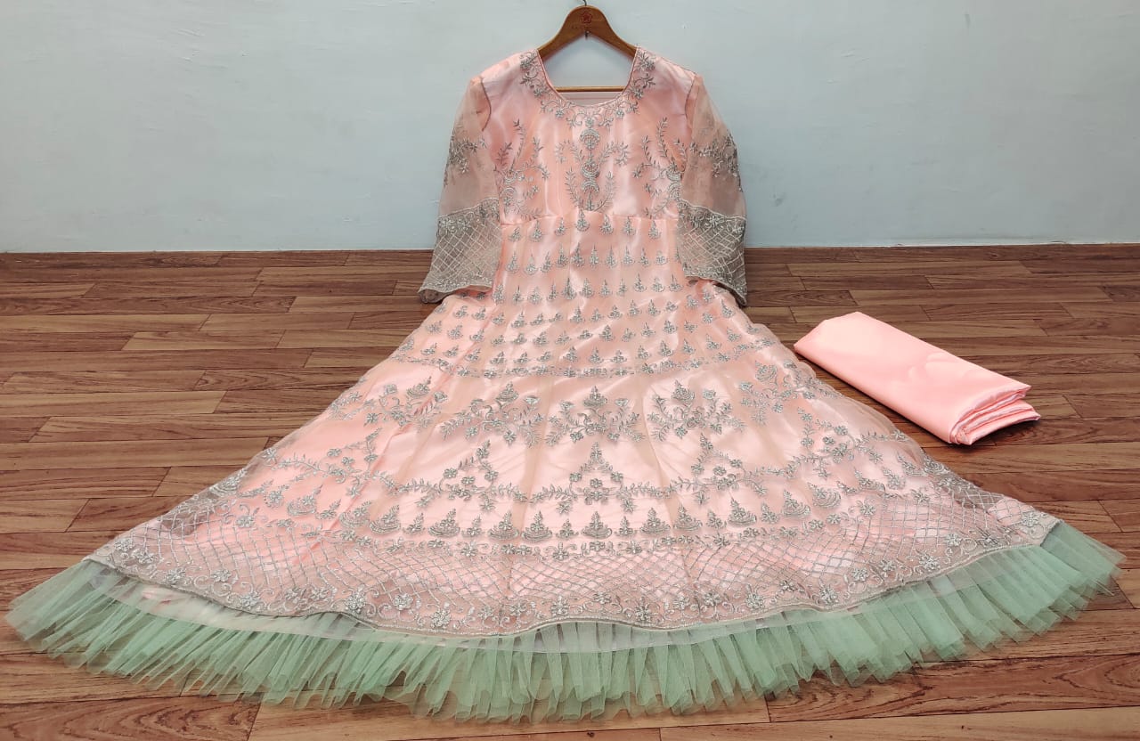 Peach Heavy Butterfly Mono Net Embroidery Work Gown