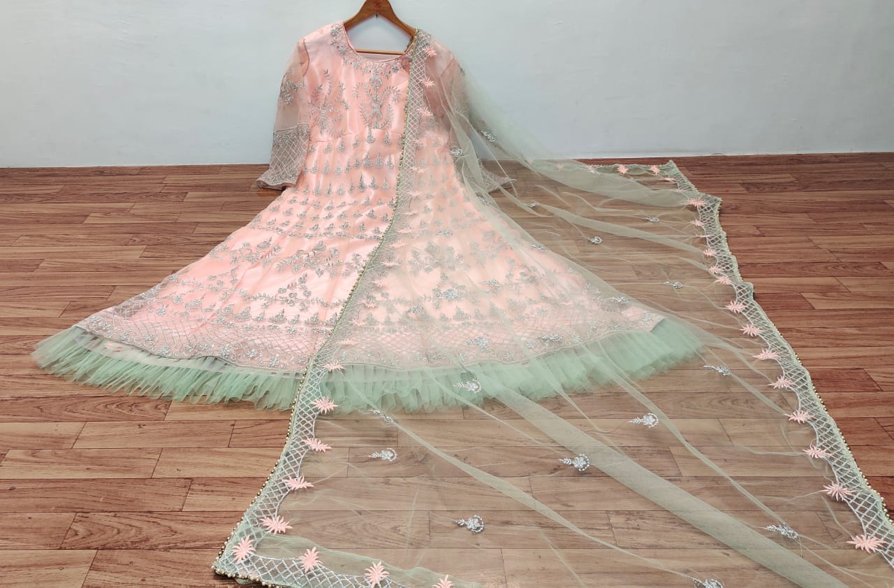 Peach Heavy Butterfly Mono Net Embroidery Work Gown