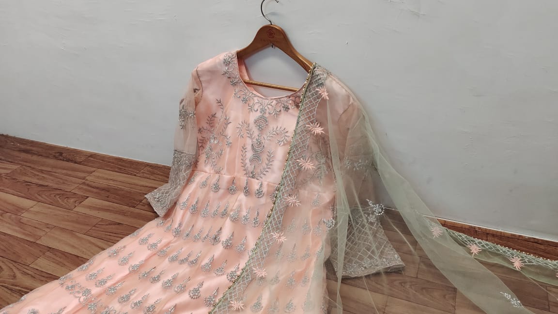 Peach Heavy Butterfly Mono Net Embroidery Work Gown