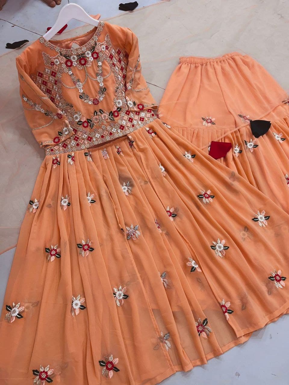 Peach Sharara Suit In Heavy Fox Georgette Silk With Embroidery Work