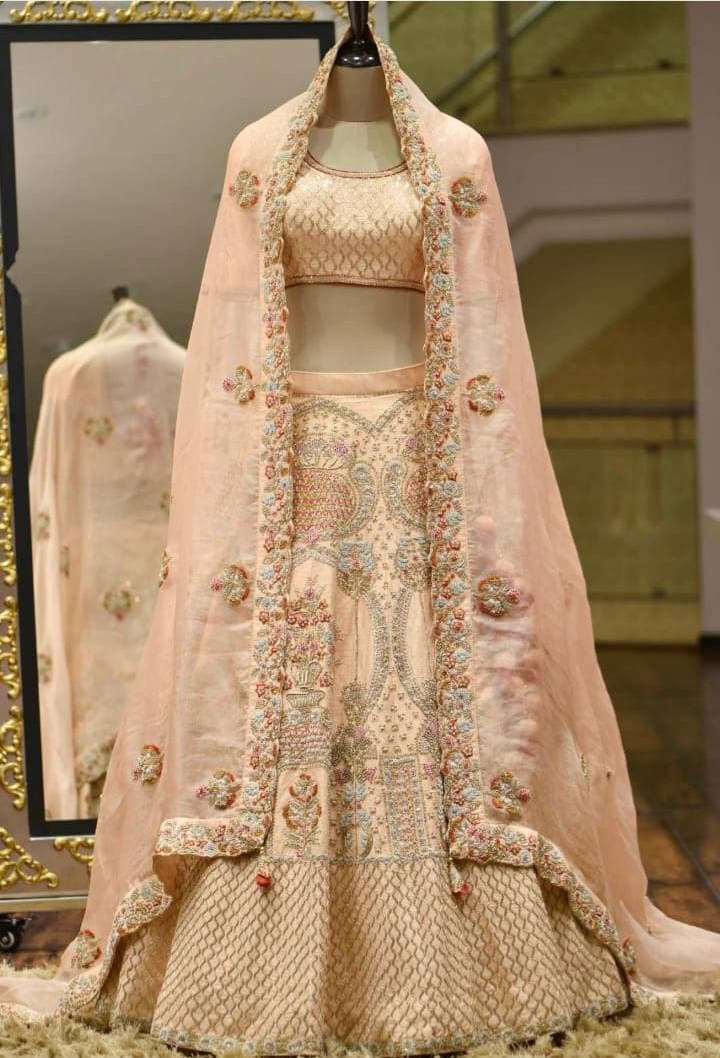 Peach Lehenga Choli In Malai Satin Silk With Embroidery Work