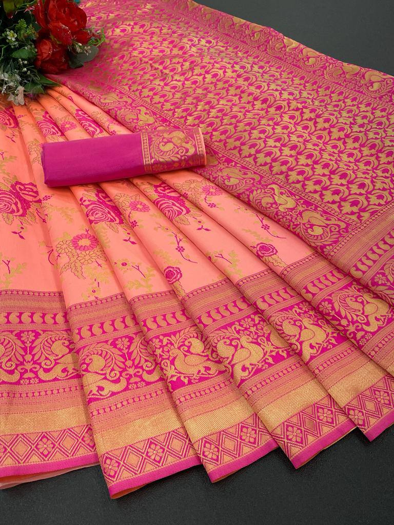 Peach Lichi Silk Banarasi Saree With Blouse