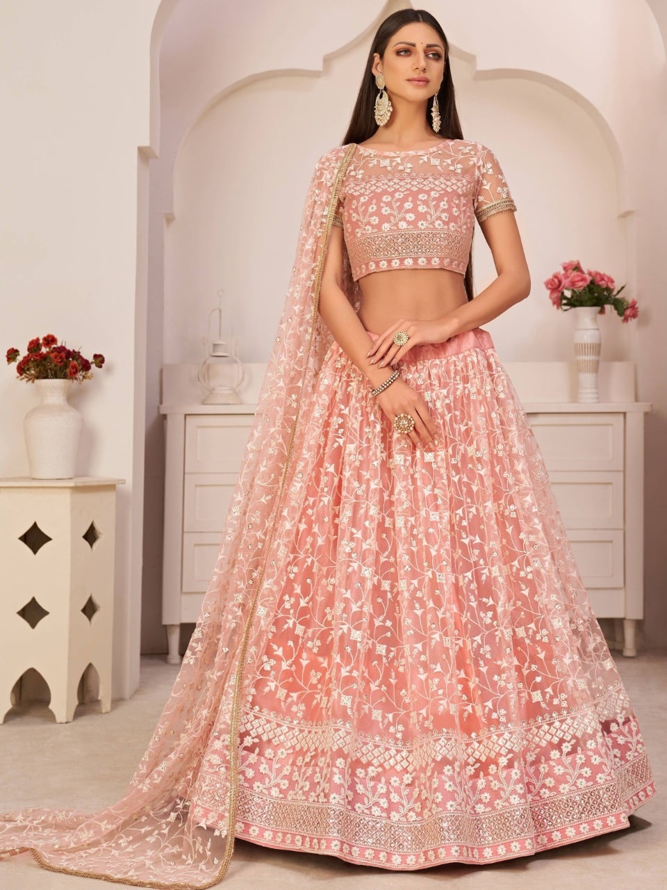 Peach Lehenga Choli In Nylon Mono Net With Sequence Work