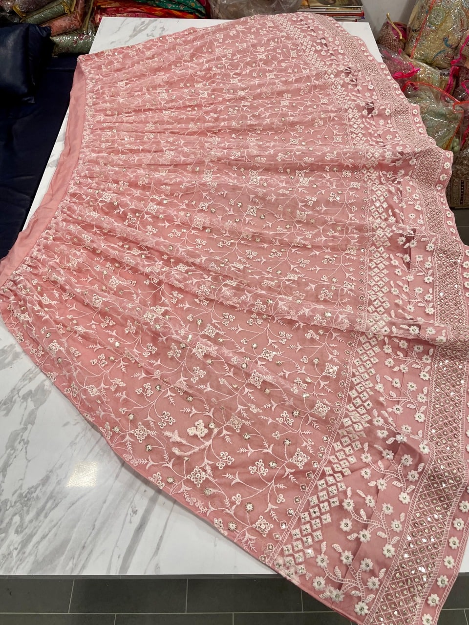 Peach Lehenga Choli In Nylon Mono Net With Sequence Work