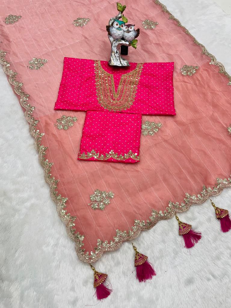 Peach Saree In Organza Silk With Embroidery Work