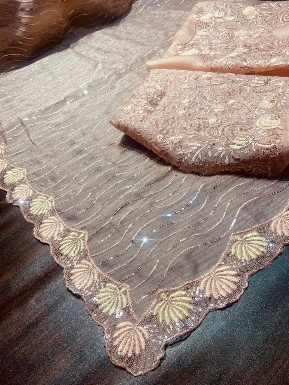 Peach Saree In Organza Silk With Embroidery Work