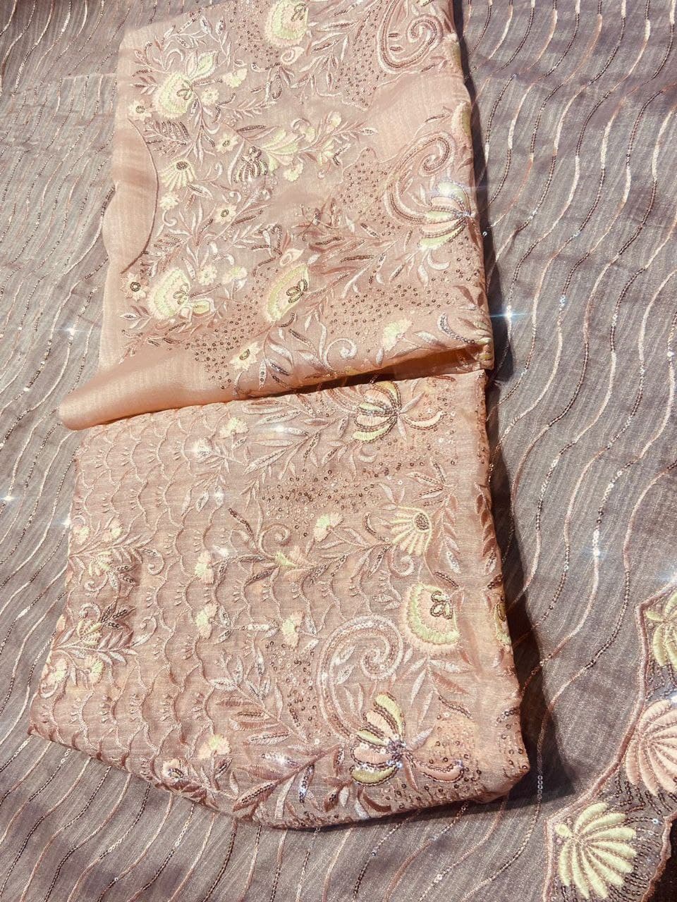 Peach Saree In Organza Silk With Embroidery Work