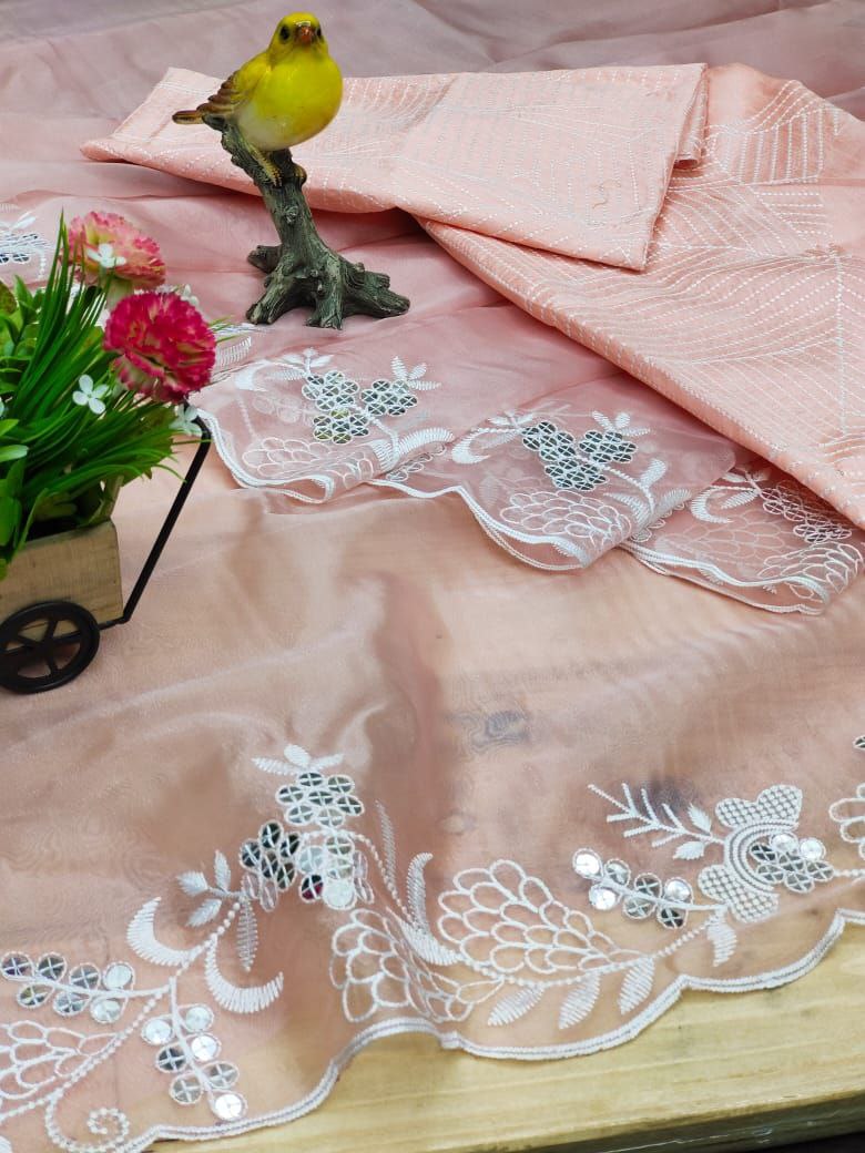 Peach Saree In Organza Silk With Sequence Embroidery Work